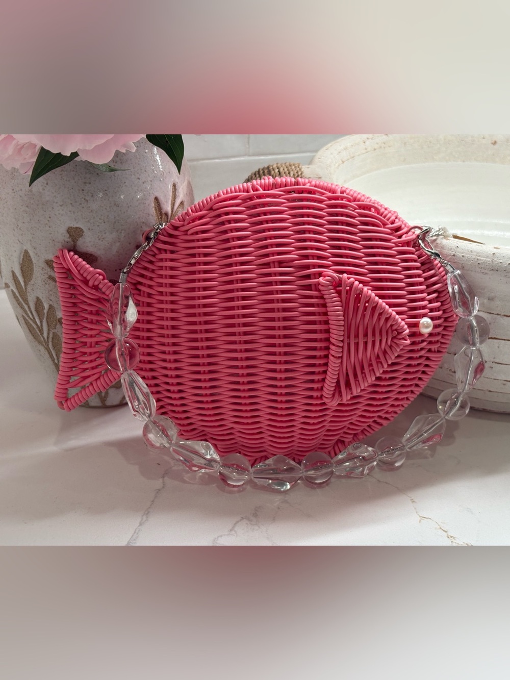 Tommy Bahama Pink Wicker Fish Crossbody Bag with Beaded Chain - Picture 8 of 13